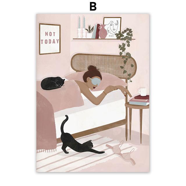 Boho Girl's Life Cat Monstera Plants Abstract Nordic Wall Art Canvas Painting Posters And Prints Pictures For Living Room Decor