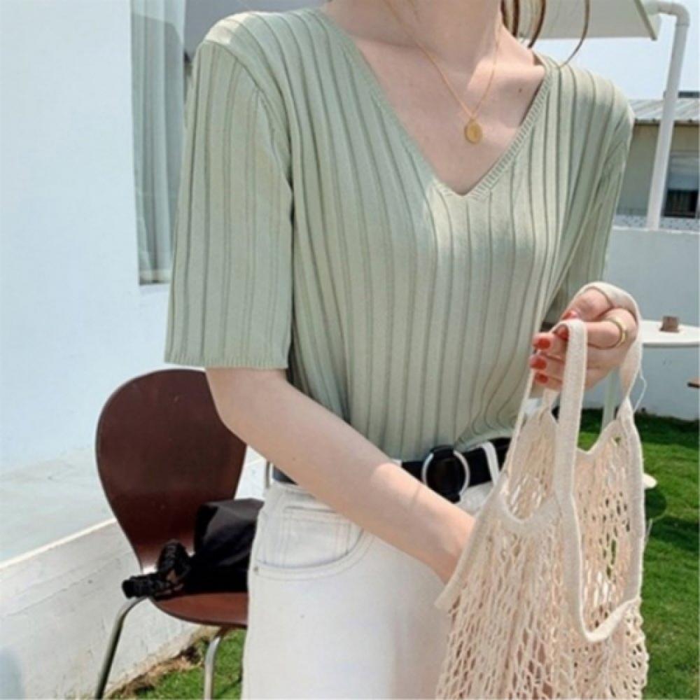 New ArriVals Open Run Women V Neck Cooling Short sleeVe Knit Vertical Stripe