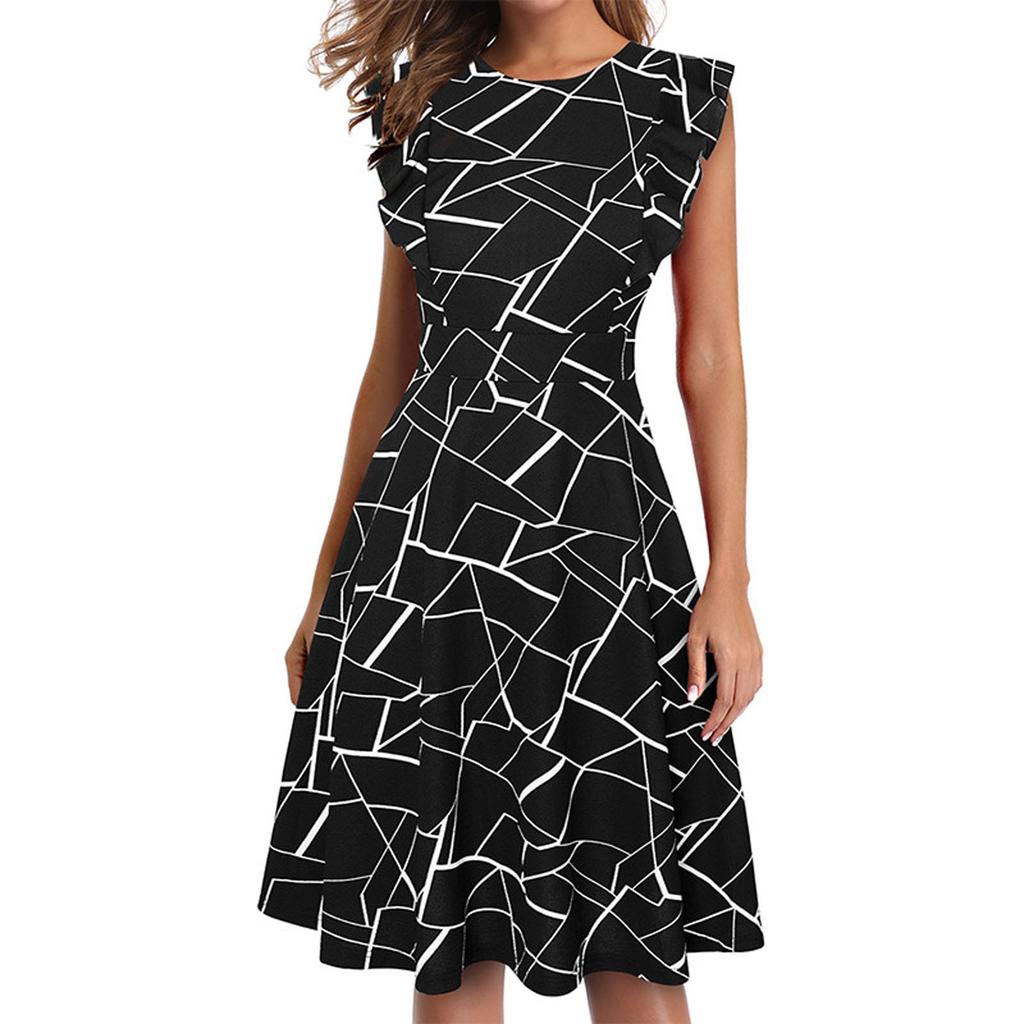 Spring And Summer New Women's Short-Sleeved Slim Print Retro Dress