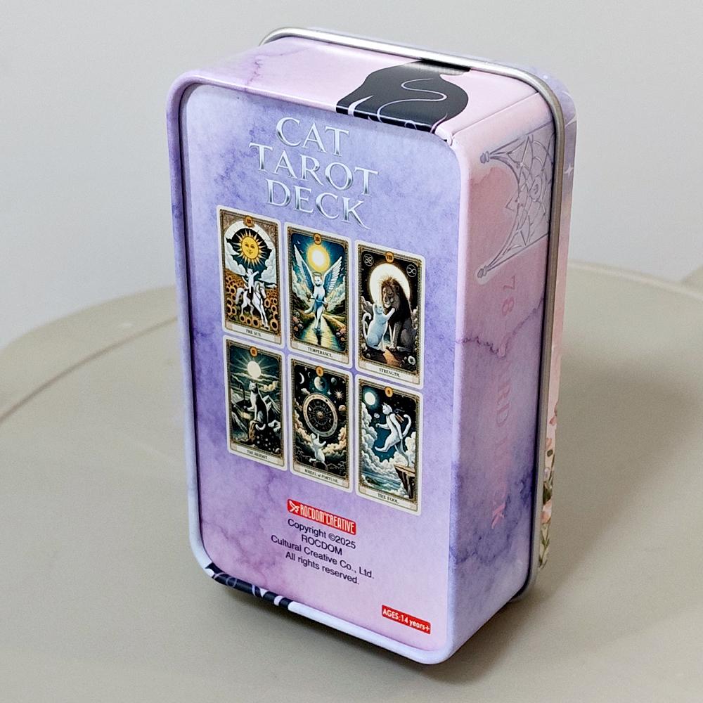 Baraja de Tarot del Gato 78 Cartas con Guía, Tarjetas de Tarot con Temática de Gato Blanco Lindo 11*6.2cm Cartas de Adivinación en Caja de Lata Portátil