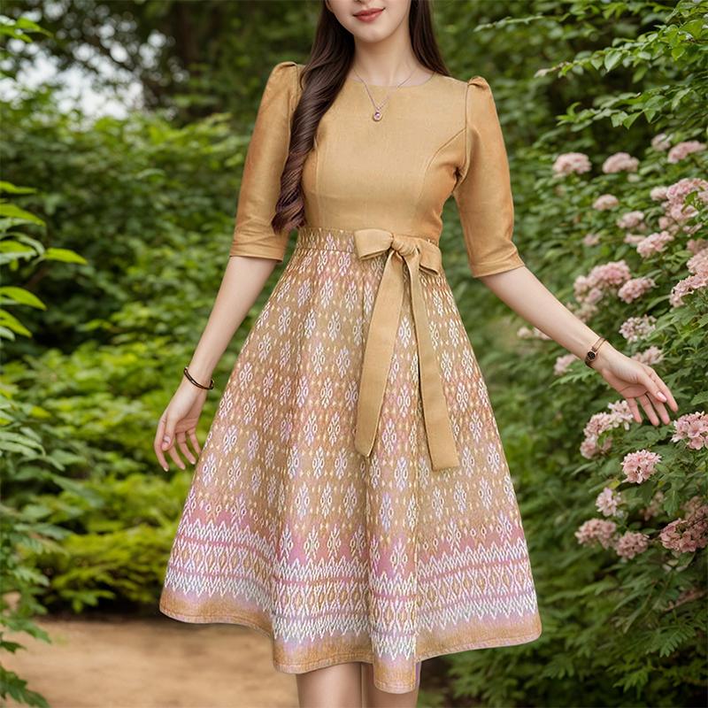 

ZANZEA Женское повседневное летнее платье с круглым вырезом, рукавами до локтя, принтом и пэчворком 5XL хаки