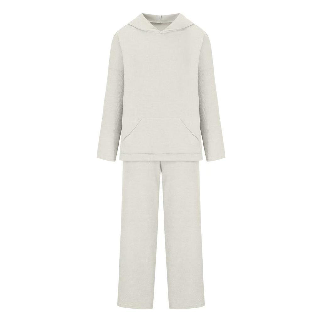 Women's Beige Knitted Hooded Top and Wide Leg Pants Lounge Set