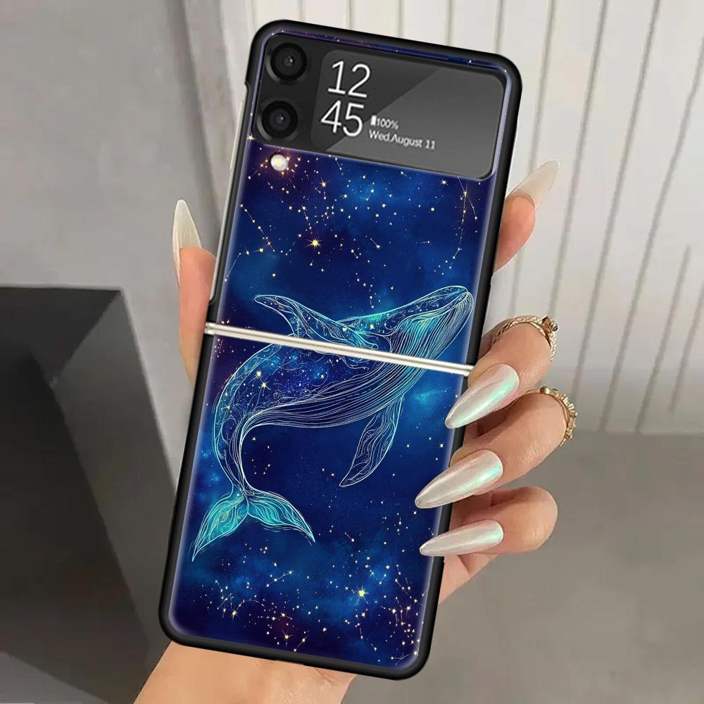 Humpback Whale Sea Giant Hard PC Phone Case For Samsung Galaxy Z Flip 7 6 5 4 3 Black ZFlip7 ZFlip6 Flip5 Flip4 Flip3 5G Print C