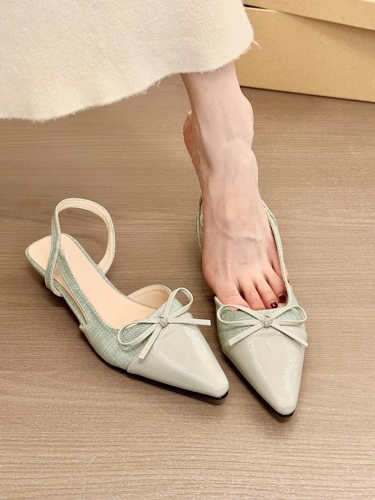 Spring mint! Temperament pointed head splicing bow flat-soled single shoes women's spring bag head empty sandals