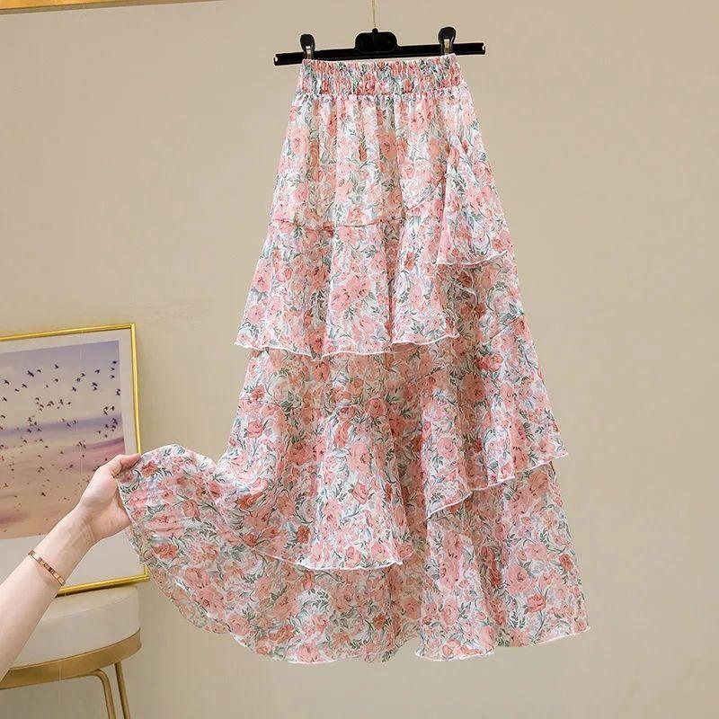 Floral Skirt Women Summer Sweet Ruffled A-line Chiffon Long Skirt Woman Korean Clothing