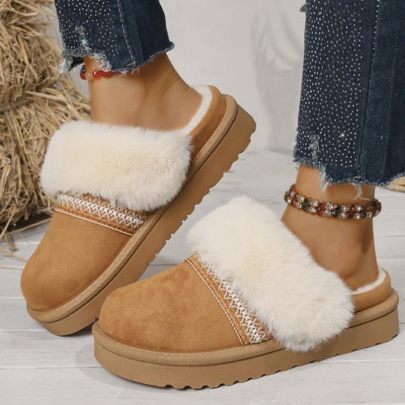 Cross-border Thick-soled Snow Boots Women's Hairy Mouth Bag Head Thickened Cotton Drag Women's Velvet Warm Indoor Home Can Wear Cotton Shoes Outside
