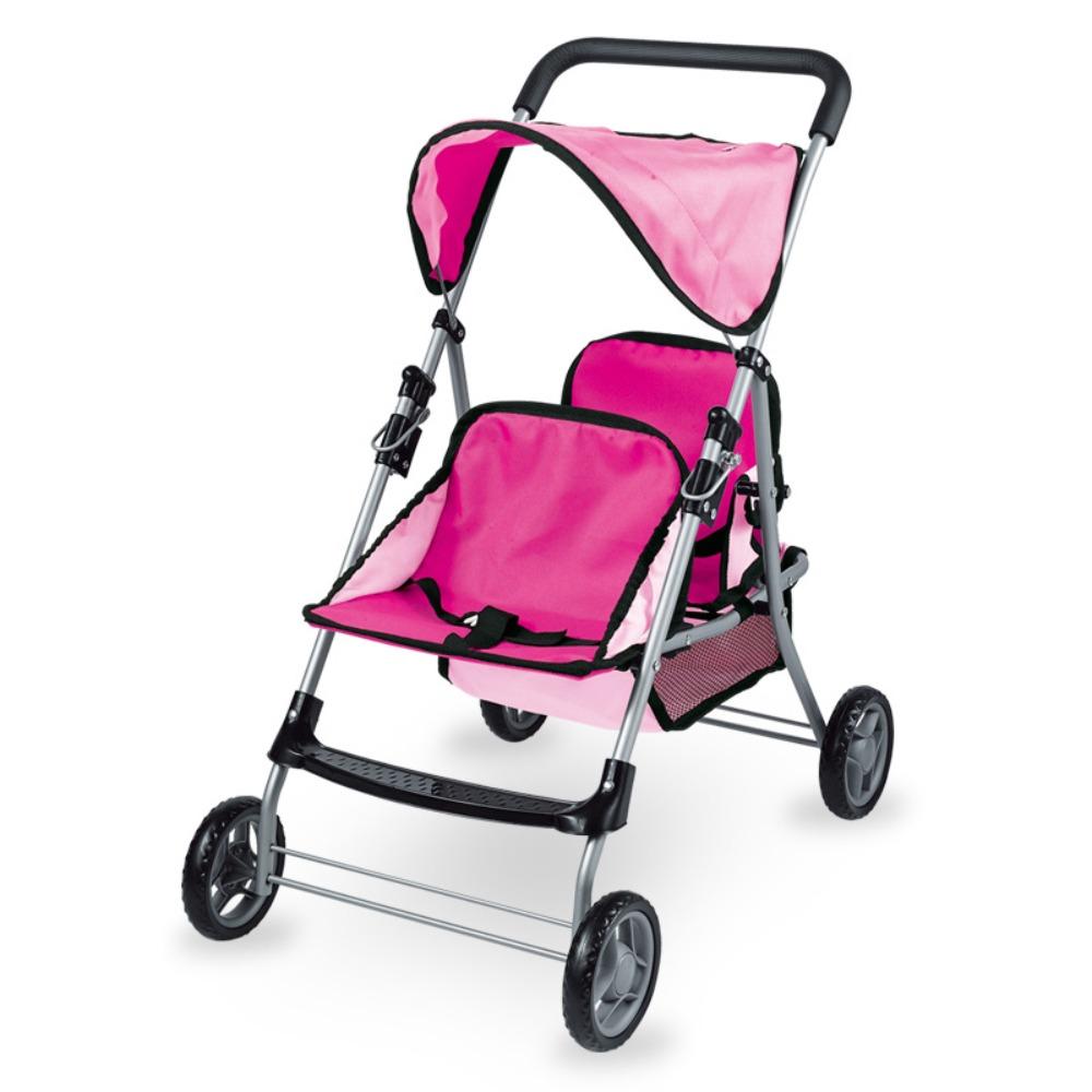 Doll Twin Stroller Double Front to Back Stroller for Dolls Foldable Toy Pram with Canopy & Storage Basket Pretend Play for Kids