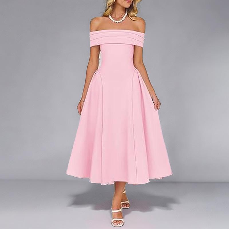 New Warm Season Trendy Women Clothing Elegant Temperament Solid Color Off-shoulder Waist-hugging Fashion Dress