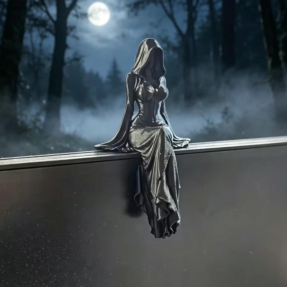 Gothic Style Sitting Pose Lady Sculpture 3D Printed Hooded Woman Statue Home Decor