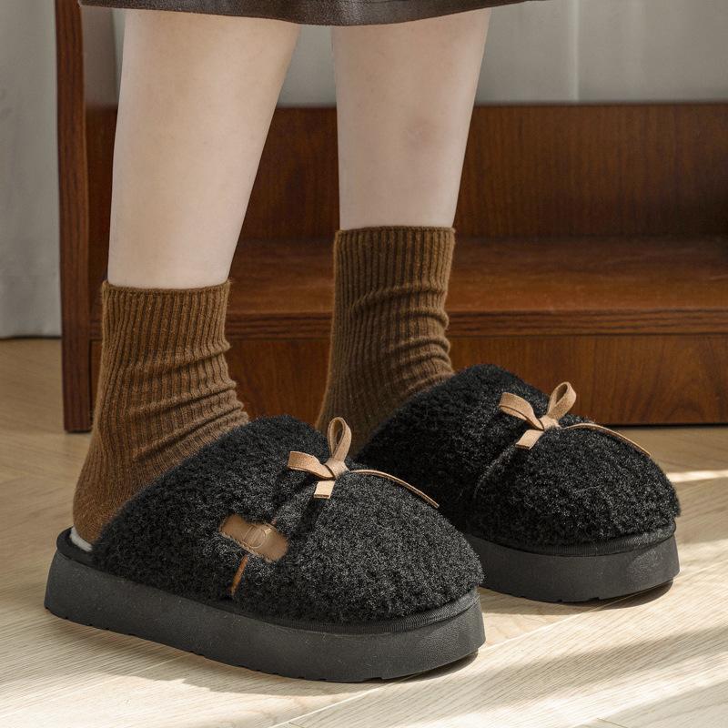 New thick-bottomed heightening bow fluffy slippers winter indoor home piled thermal cotton slippers can be worn outside