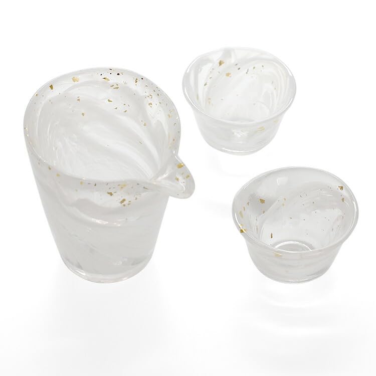 World Create Aika Foil Ink Marbling Sake Pitcher and Sake Cup Gift Sake Cups 30534 Set, White, (2 pieces)