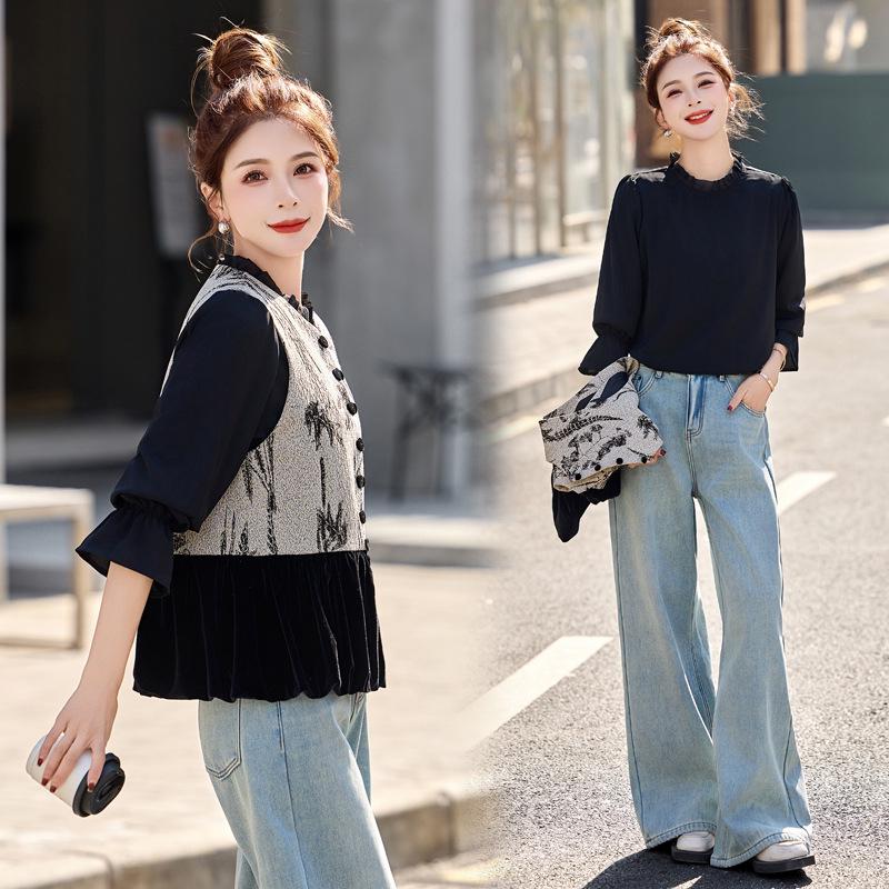 

Весна 2025 Женская бархатная двойка в китайском стиле: рубашка и жилет HY3157 XL (125-140 Jin)