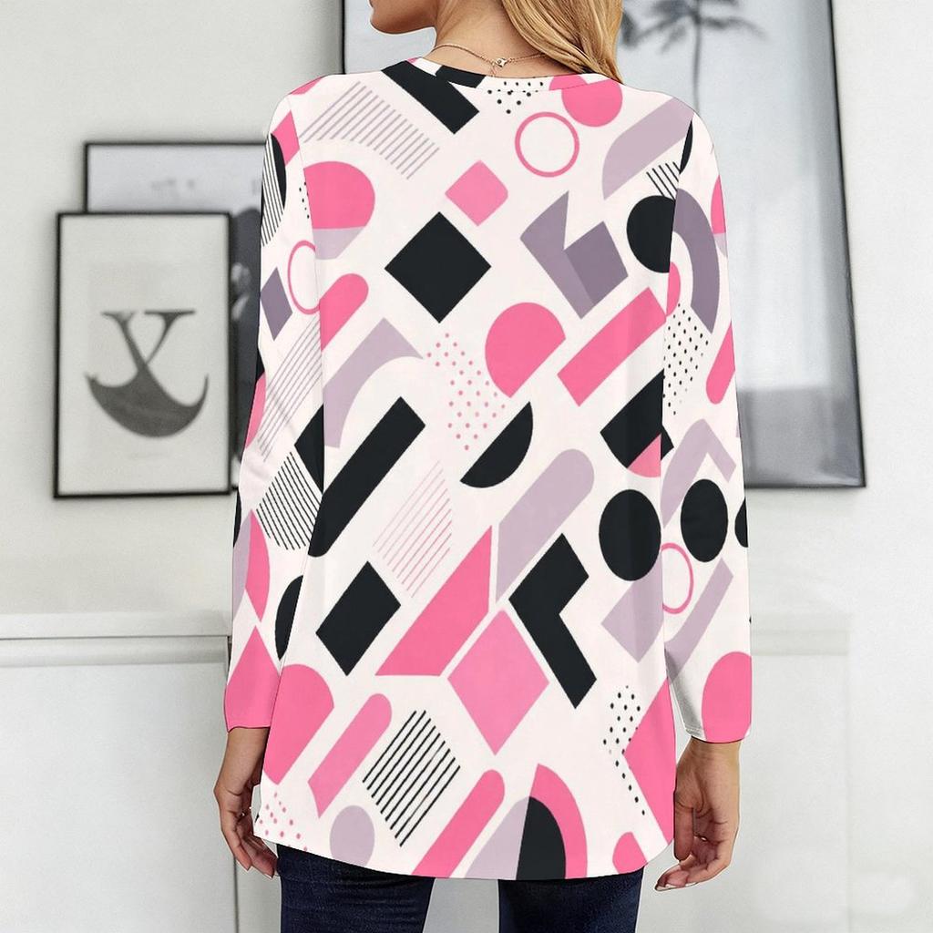 Women Plus Size Round Neck Long Sleeve Geometric Printed Loose Longline T Shirt With Pockets