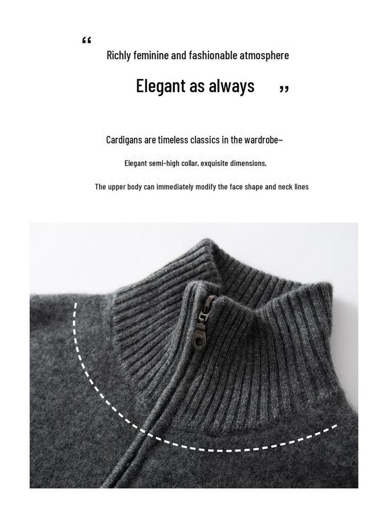 2025 A/W Women's Double-Layer Cashmere Stand Collar Cardigan Sweater with Zippers and Pockets