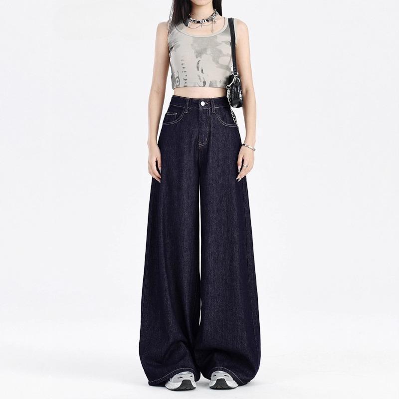 High-waisted wide-leg jeans for women's autumn and winter, trendy and versatile new dark blue loose fleece floor pants