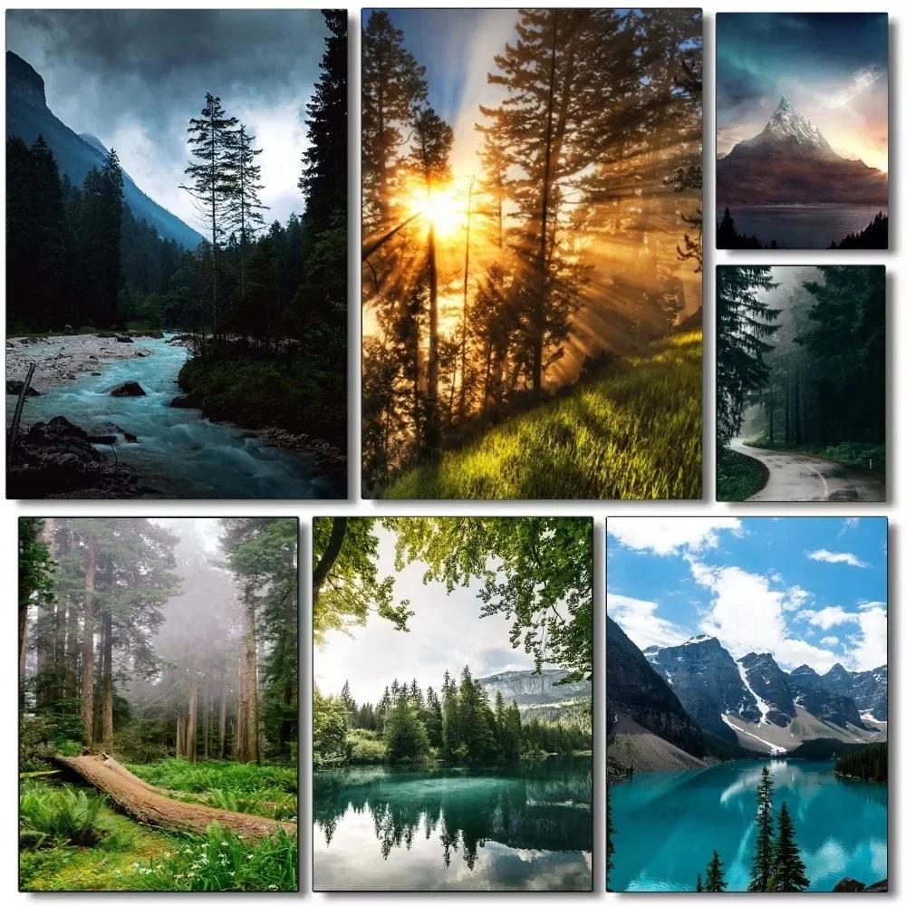 1 Stück Dunkelgrüne Wald Neblige Berglandschaft Natur Szenerie Poster Selbstklebend Kunst Wasserdichtes Papier Aufkleber Wanddekor