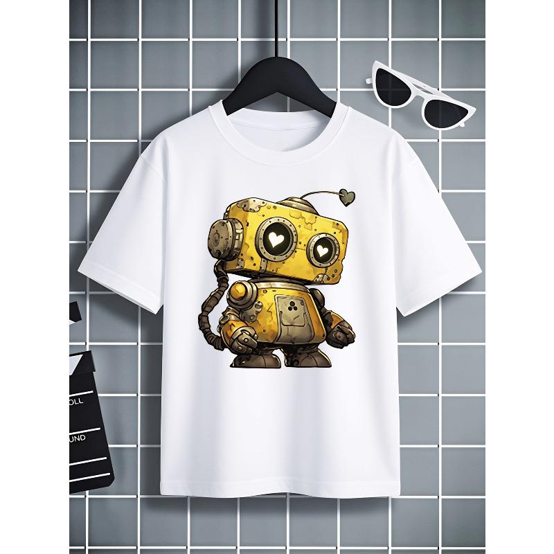 European Sizes Boys' T-shirt Cute Robot with Heart Eyes And Antenna, Ideal for Outdoor Activities, Soft Knitted Top, Comfortable And Breathable