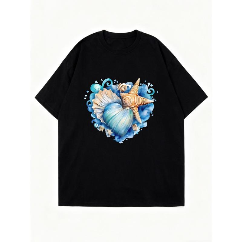 Black Oversized T-Shirt With Seashell And Starfish Print For Beach And Casual Wear