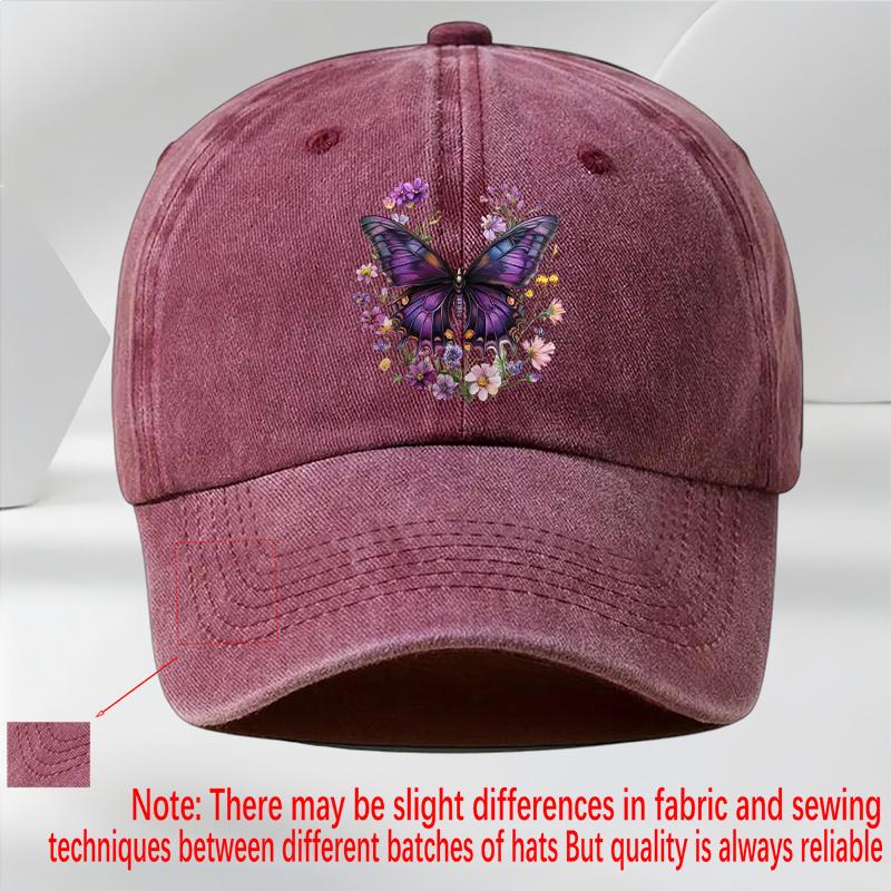 

Purple Butterfly Floral Baseball Cap Distressed Vintage Washed Cotton Casual Adjustable Hat One Size