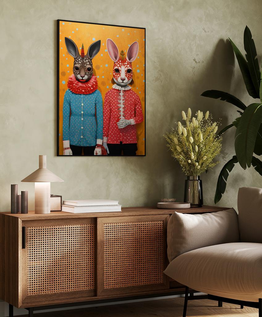 Plakátový portrét cirkusového dua v černém rámu