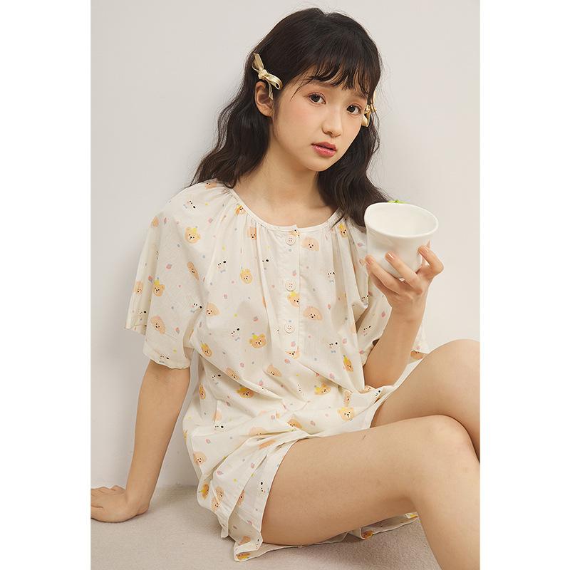 Jiangnan He 11-year summer pure cotton cartoon short-sleeved shorts set women's loungewear pajamas two-piece set