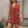 Women's Summer 2 Piece Suit Sets Sleeveless V Neck Tie Waist Vest And Shorts Set Casual Business Work Outfits