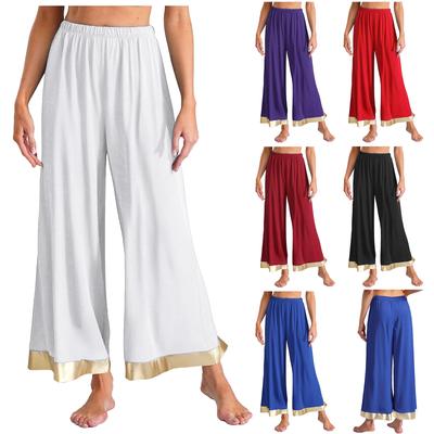 Womens Worship Praise Dance Pants Elastic Waist Metallic Shiny Trim Wide Leg Pants Loose Trousers