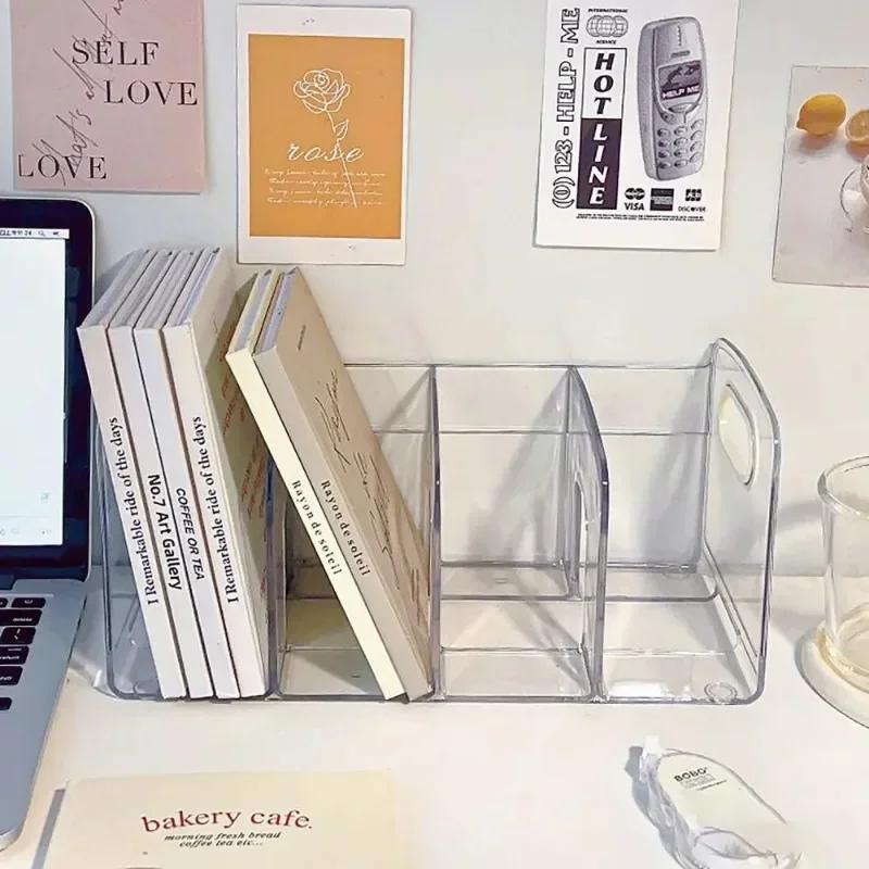 Acrylic Book Storage Rack with Box Portable Transparent Thicken Anti-slip Base Student Stationery Organizer Storage Home Items