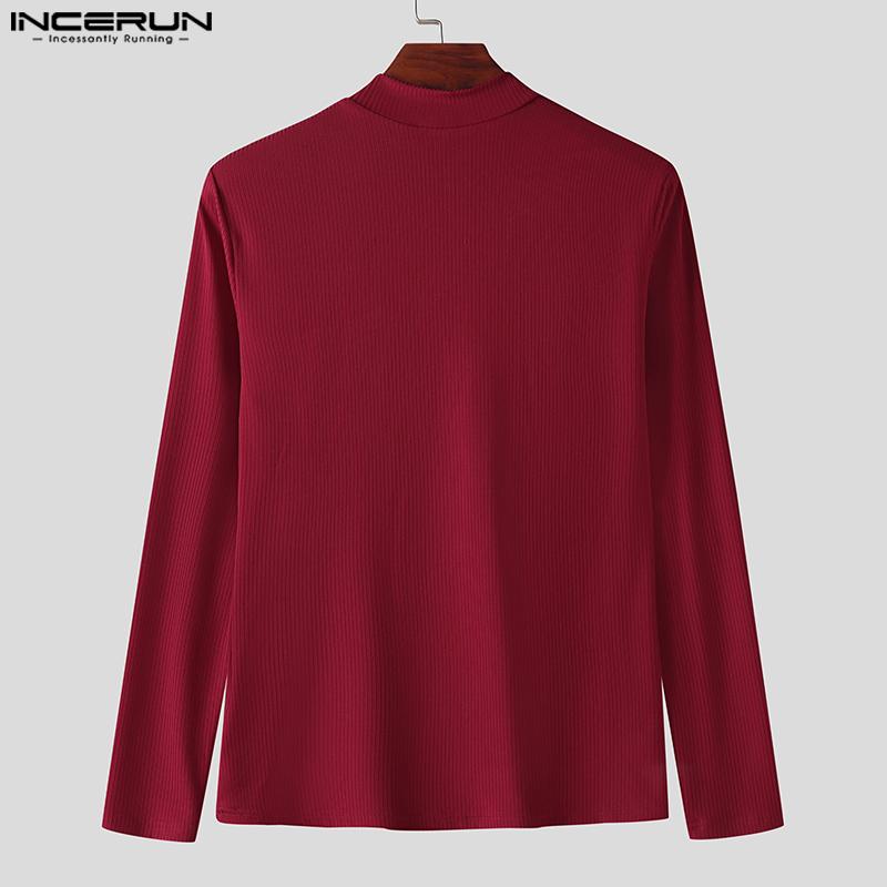 INCERUN Men Mockneck Long Sleeve Zip-up Hem Stitching Casual Fitted T-shirts Tops