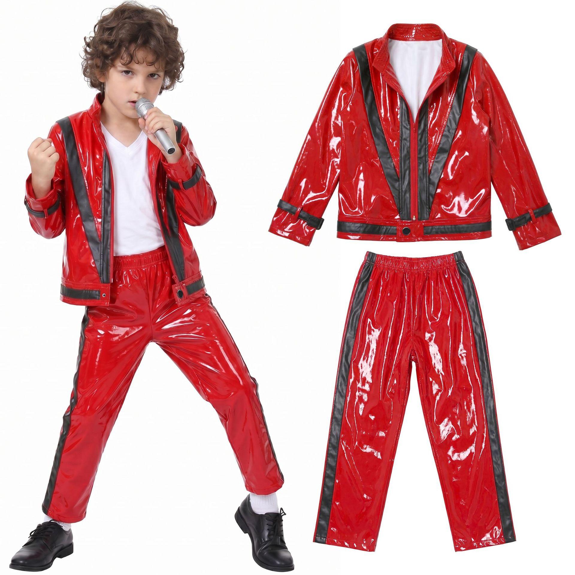 Kinder Michael Jackson Kostüm Rot Schwarz Leder Outfit Jungen Bühnenauftritt Anzug Halloween Kostüm US4 rot