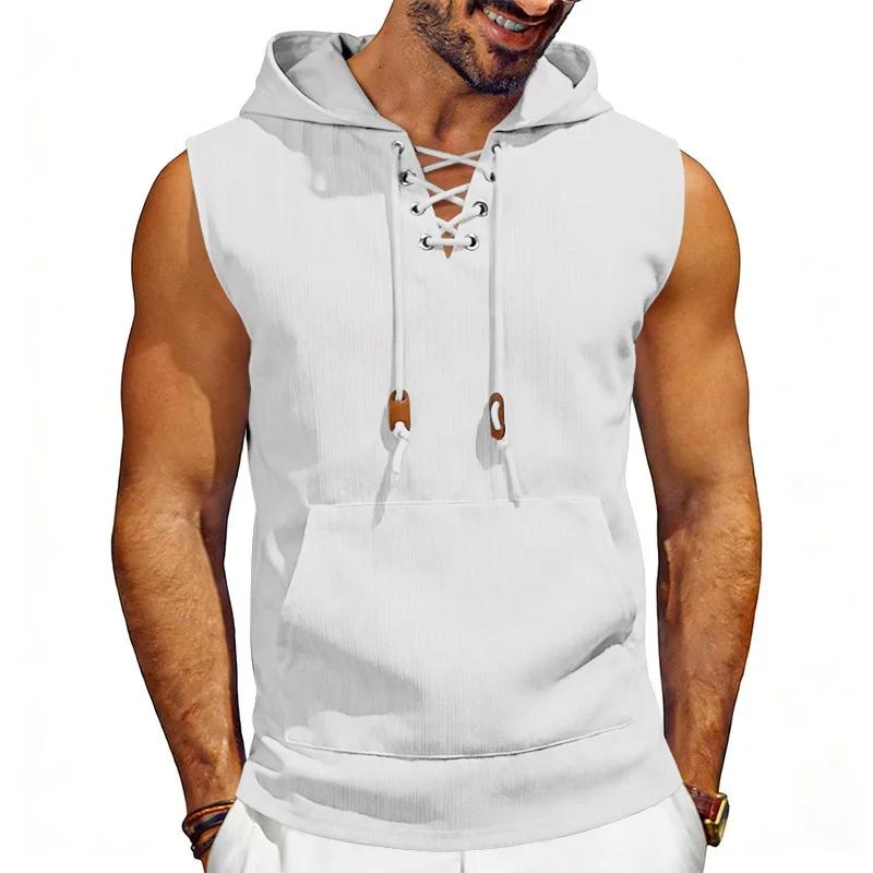 

Men s Sleeveless Hooded Tank Tops Casual Lace-Up Muscle Tee Shirts with Pocket Breathable Summer Sport Vest for Men M белый