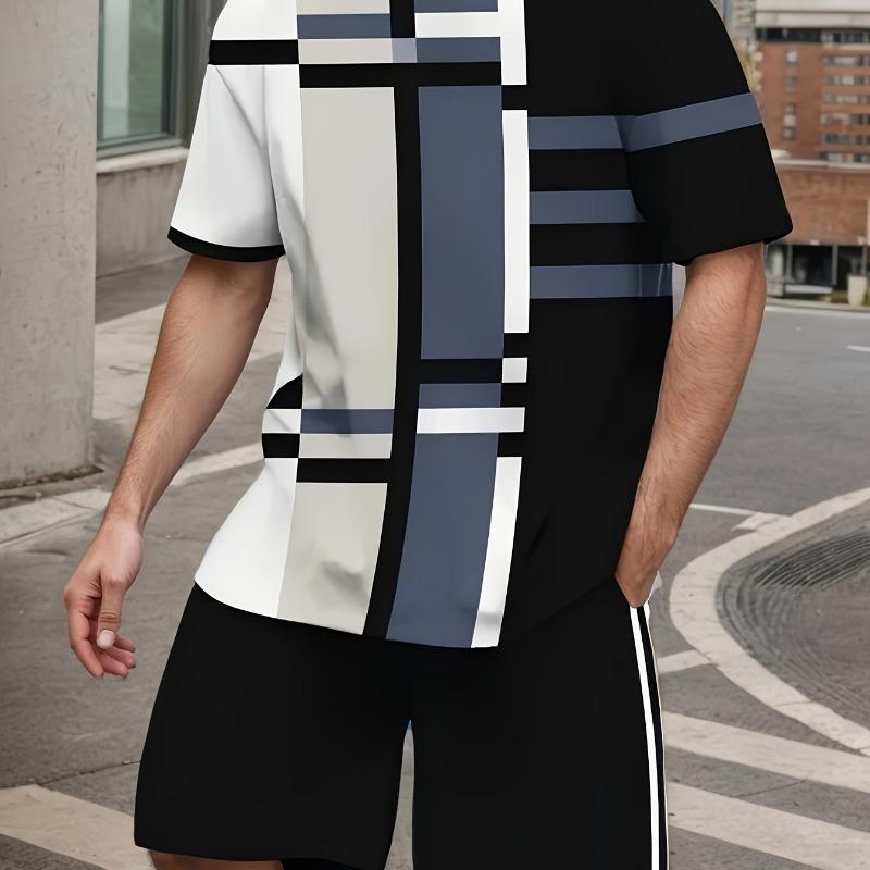 2-teiliges Herren Freizeit-Sportbekleidungsset - Sommer Strick Polyester Rundhals T-Shirt und Shorts mit leichtem Stretch, Allover-Print, Regular