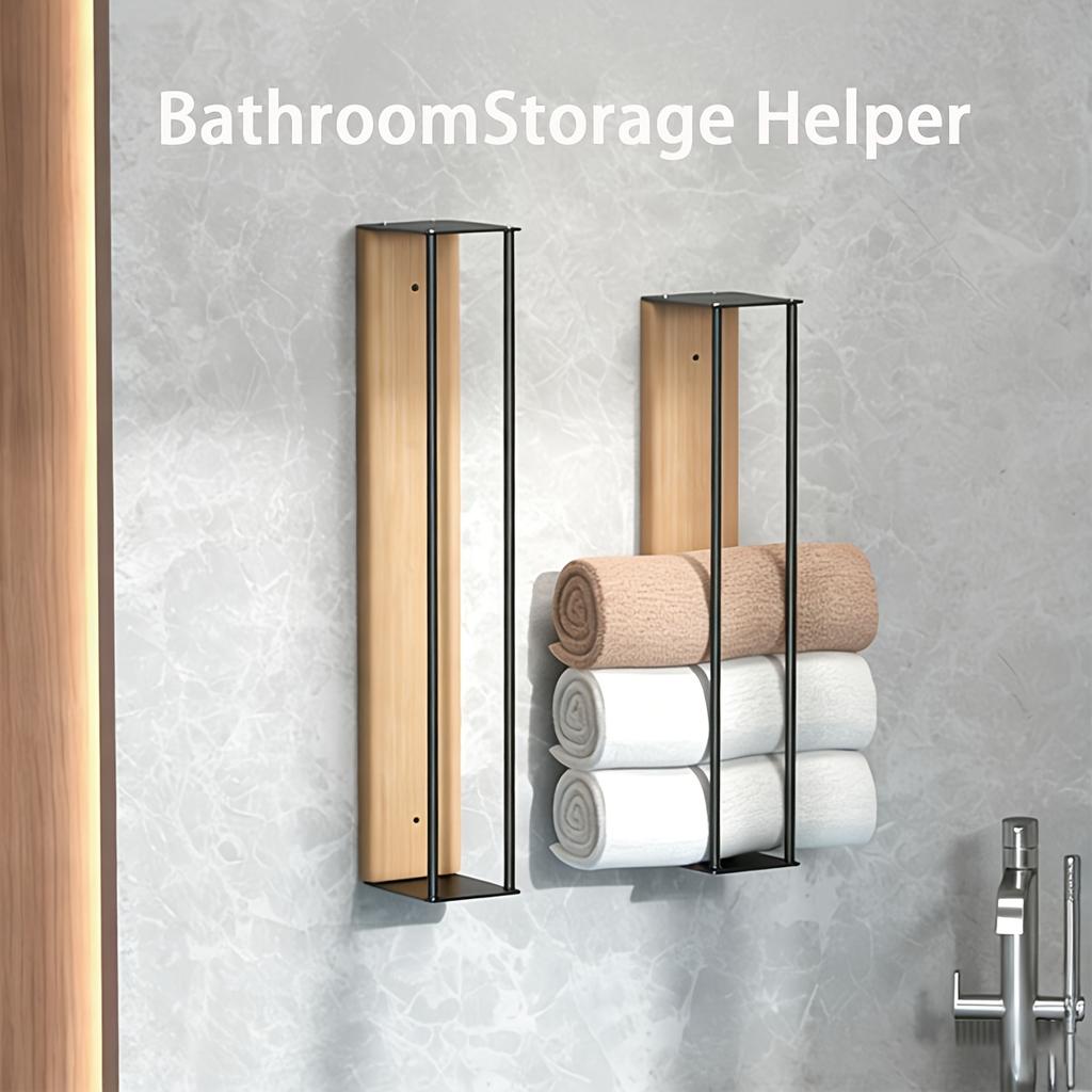 Wall-Mounted Towel Storage Rack - Space-Saving Vertical Bathroom Shelf with Sturdy Steel Frame & Wood Shelf, Modern Minimalist Suitable for Bathrooms