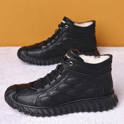 Rutschfeste Baumwollschuhe Herren Winter Warm Verdickt Fleecegefüttert Leder High-Top Schneestiefel Integriertes Wollhaar Freizeitschuhe