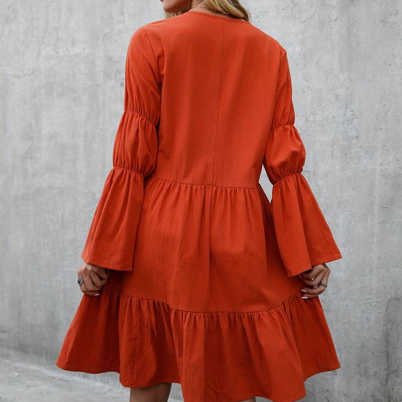 Powyżej kolana kobiety wiosna lato artystyczna sukienka na wakacje prosta dekolt w serek wysoka luźna talia pełna rękaw duża huśtawka wzburzyć jednolity kolor M-3XL