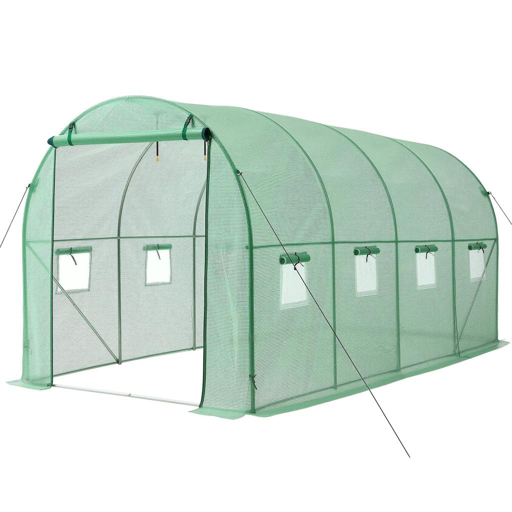 Walk-in Tunnel Greenhouse, 4.48x1.97x1.97 M Hoop House Greenhouse Tunnel with Watering System, Plant Hot House with Steel Frame, PE Cover, Roll-Up