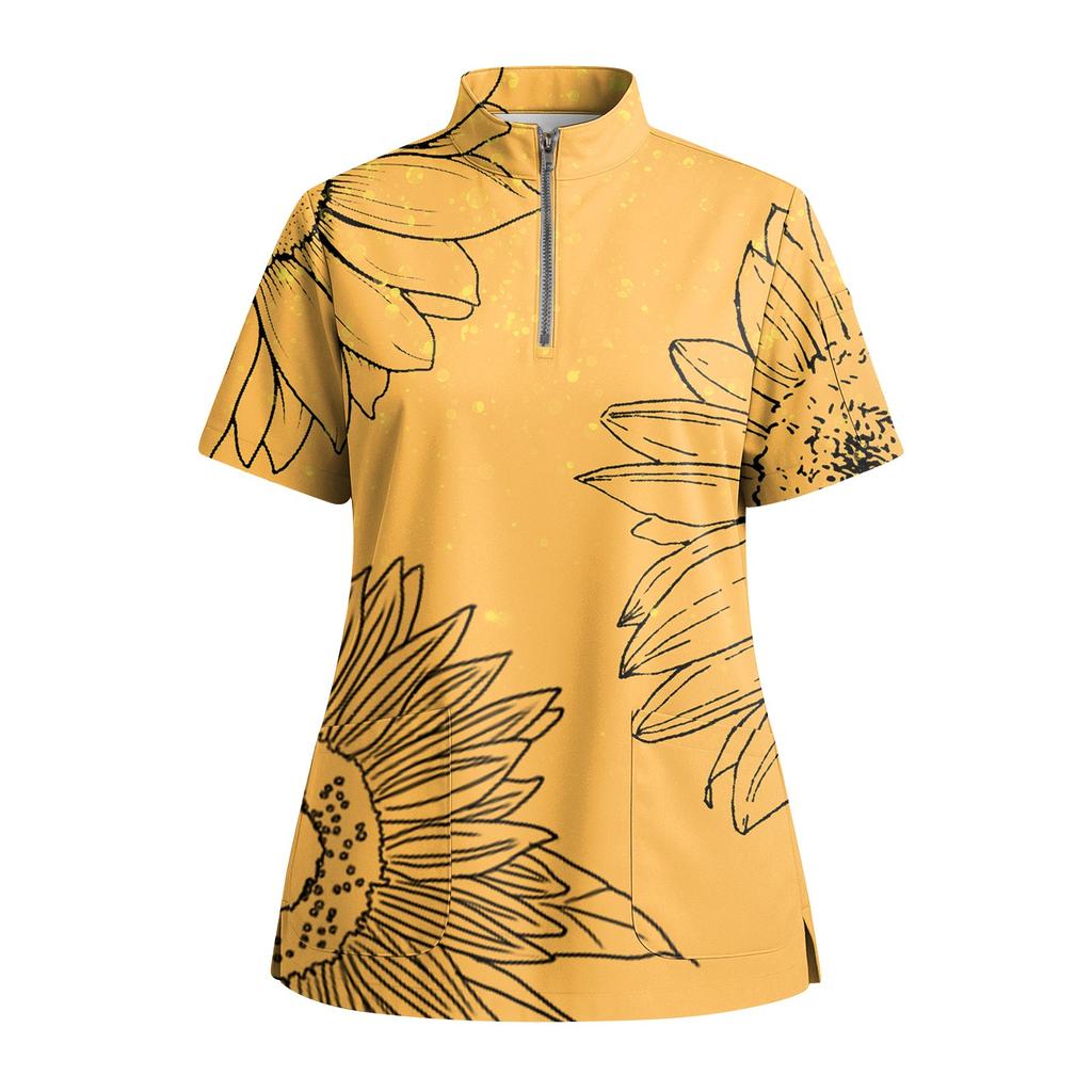 Women's Short Sleeved Printed V-neck Buttonable Side Slit Top T-shirt