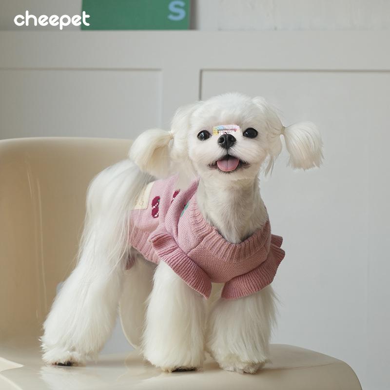 Pet autumn and winter clothing small fly sleeves cherry embroidered sweater teddy bear puppy dog warm pullover knitted sweater