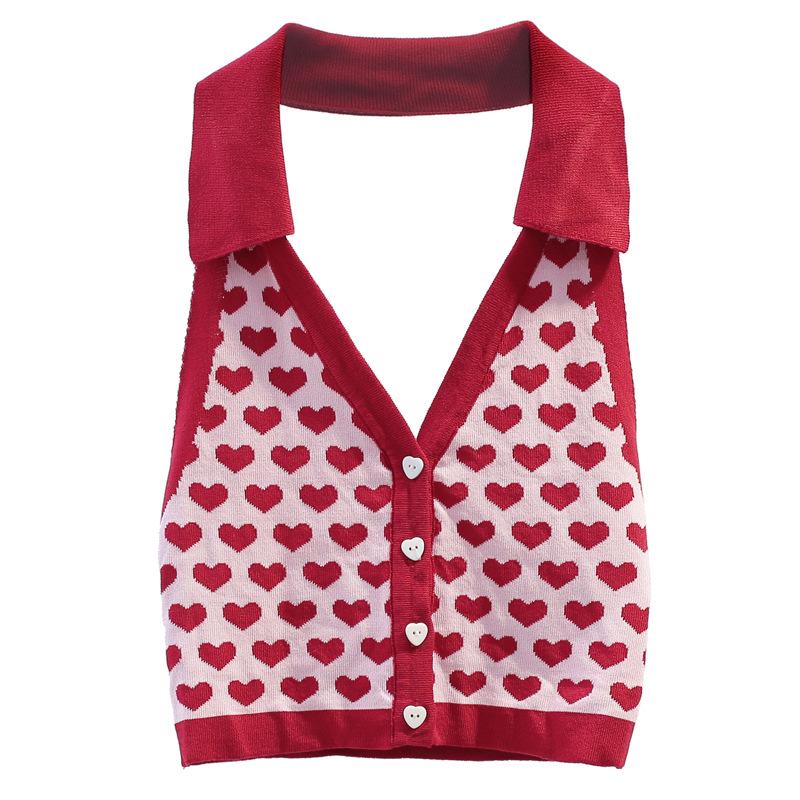 

Summer 2024 Red Heart Print Halter Backless Knit Tank Top for Women One Size красный