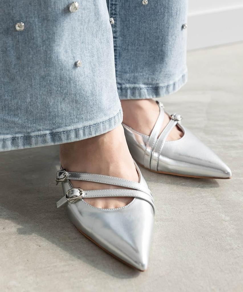 Randa Double Strap Pointed Toe Mule Pumps ED35194 SILVER L