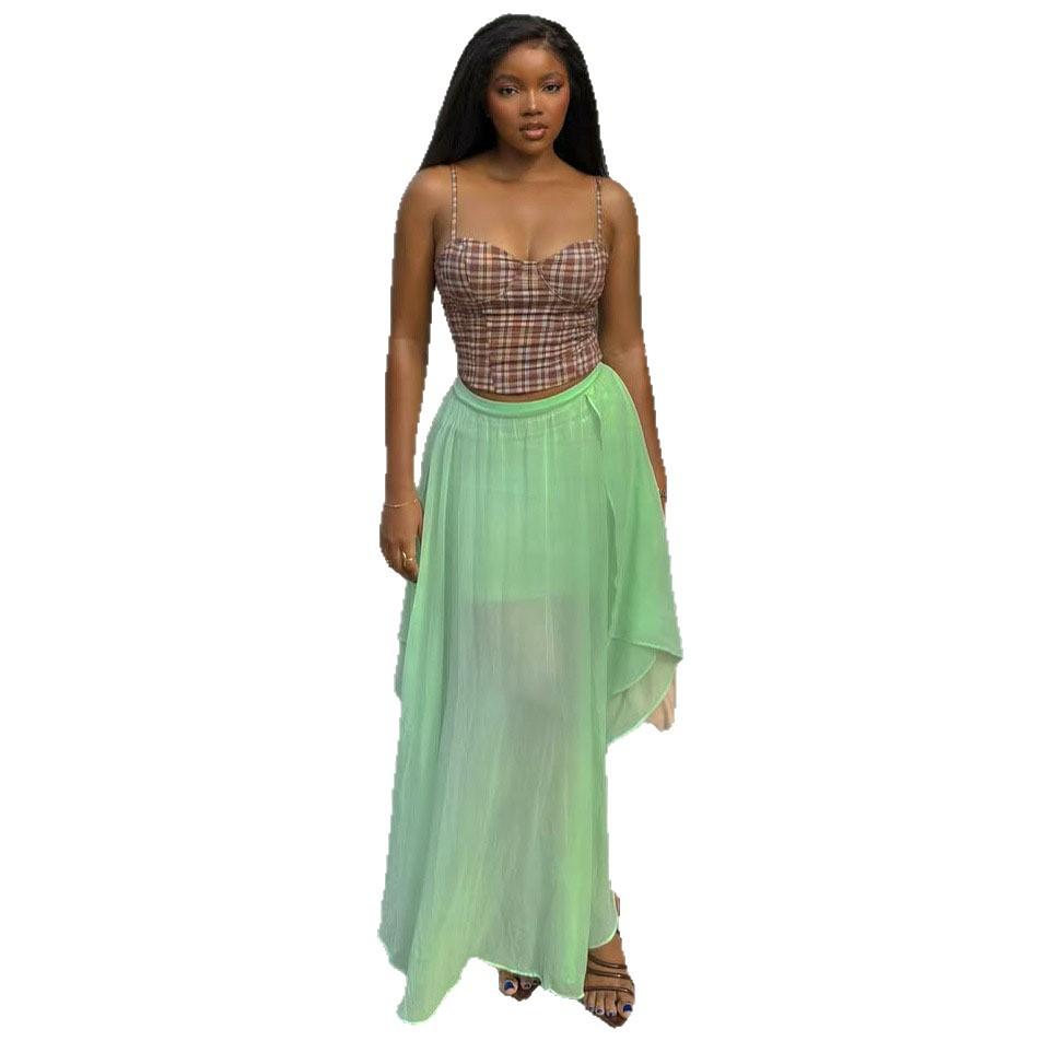 European and American Women's Clothing Retro Plaid Slim-fit Suspender Tube Top African Foreign Irregular Mesh Skirt Set