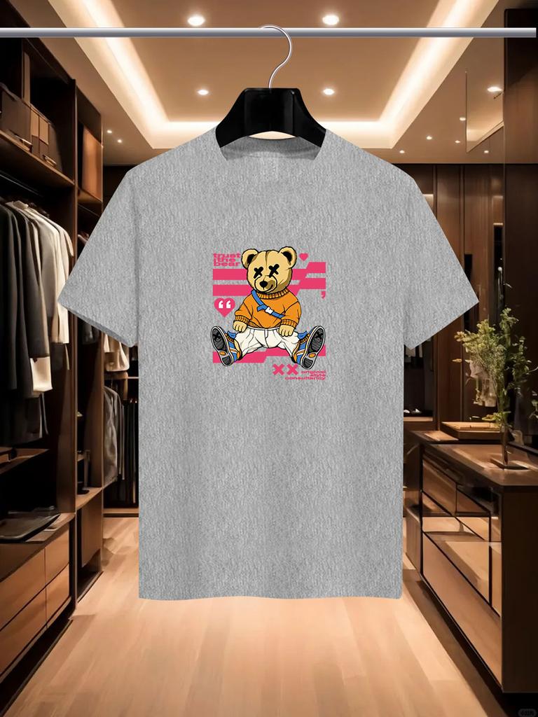 2025 Summer Men's Luxurious and Fashionable Cartoon Bear Brand Printed T-shirt, Pure Cotton Round Neck, Casual and Trendy Y2K