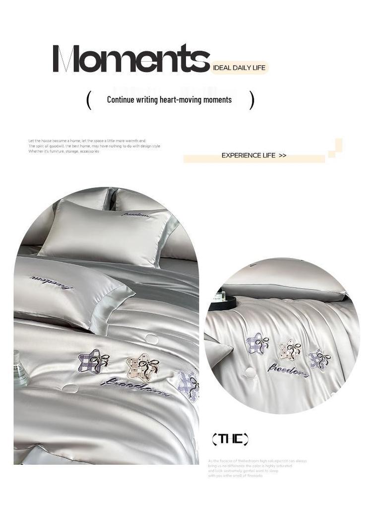 Class A Ice Silk Water Washable Summer Quilt Set - Naked Sleep Embroidery, Thin Blanket, Air Conditioning Quilt, Four-Piece Gift.