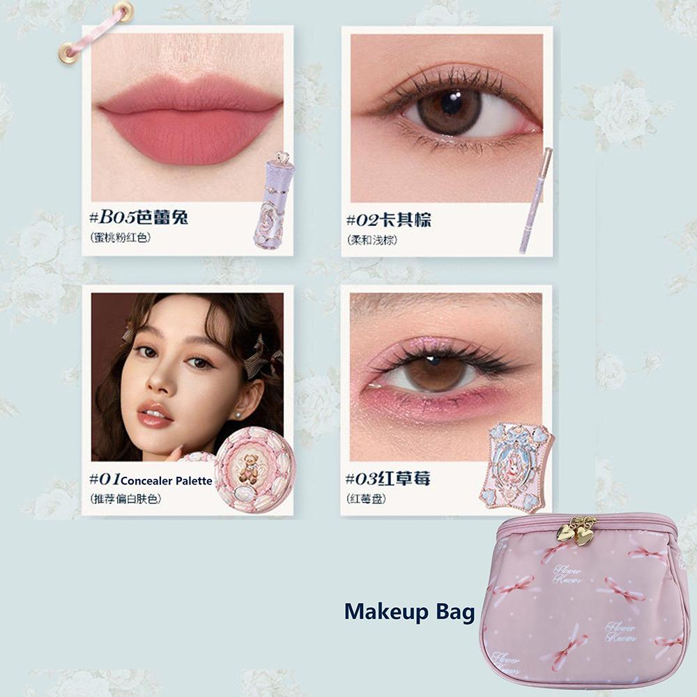 Flower Knows Makeup Gift Box Shimmer Eye Shadow Palette,Eyeliner Cupid Lipstick Full Coverage Concealer All-in-One Beauty Kit