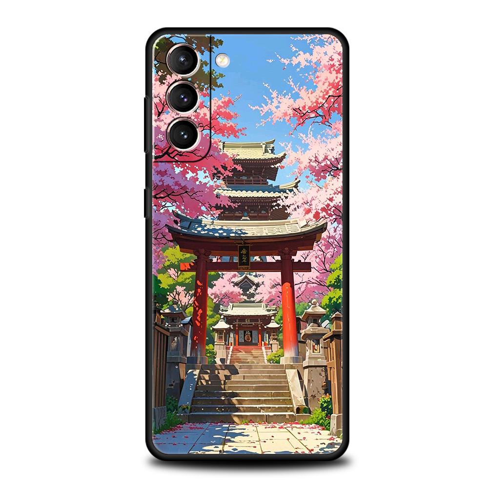 Phone Case for Samsung Galaxy S25 Edge S24 S23 S22 S20 S21 FE Ultra S10 Plus Soft TPU Japanese Style Temple And Cherry Blossoms