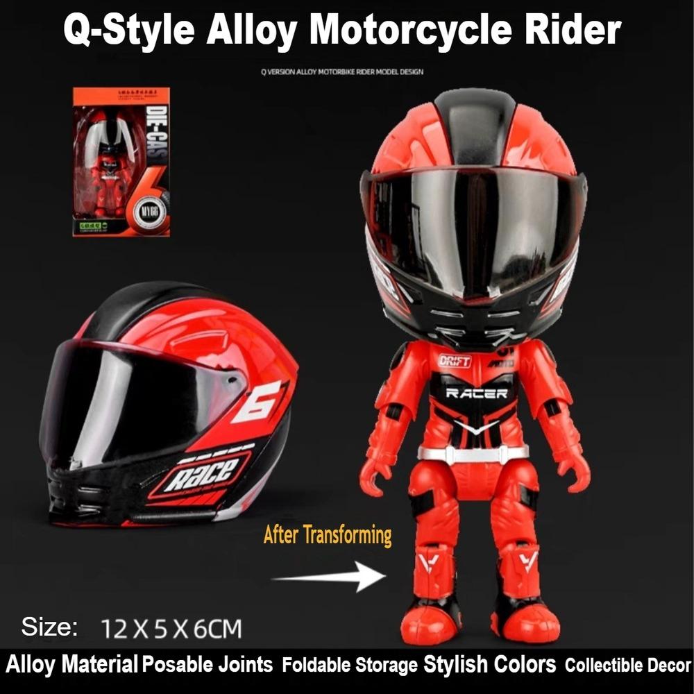 Transformable Alloy Motorcycle Rider Figure with Helmet Desktop Ornament Model Collectible Gift for Boys Kids