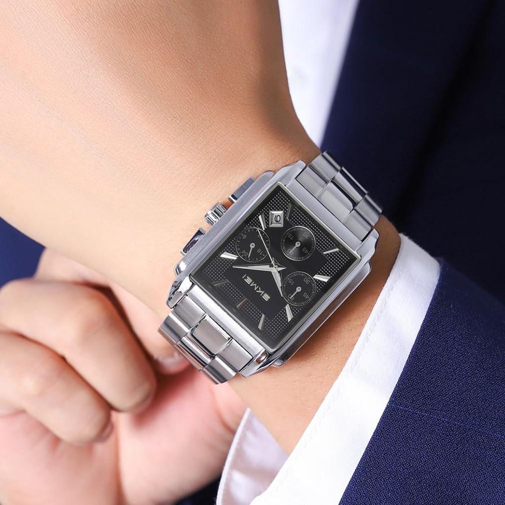 SKMEI Square Wristwatch Men's Stainless Steel Waterproof Analog Business Casual Chronograph Silver Black High-End Gift