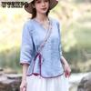 Women Seven Quarter Sleeve Loose Fitting Casual Tops Spring Summer V-neck Embroidered Mixed Cotton Linen Shirts