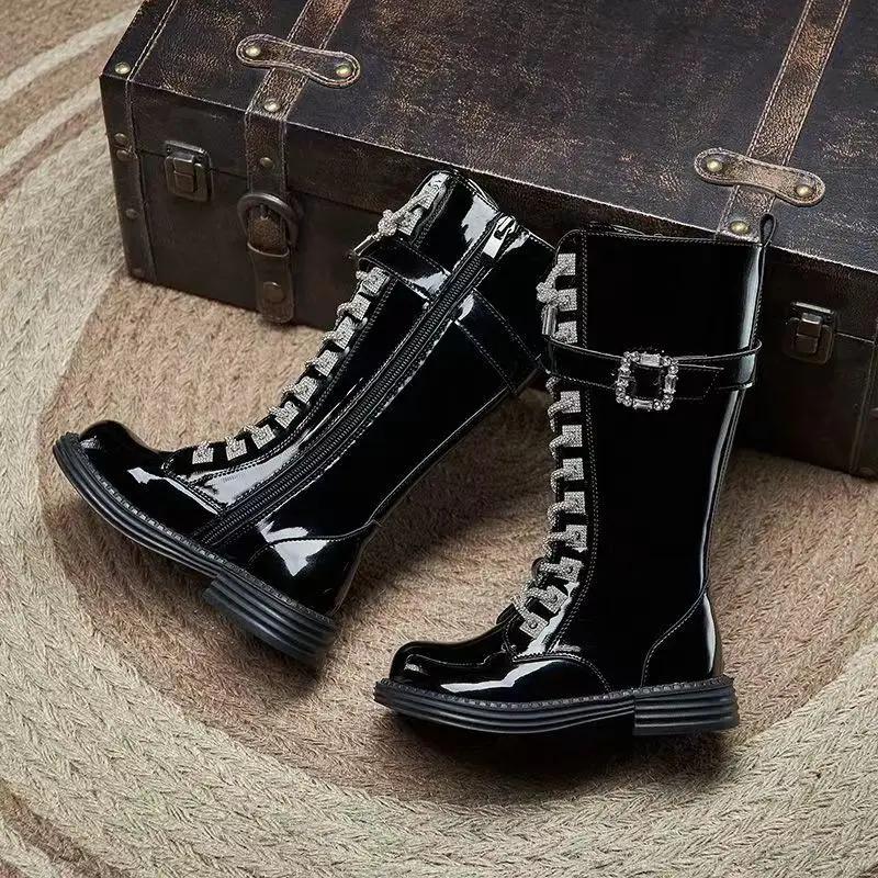 Autumn/Winter New Girls' High Barrel Boots Fashionable Diamond Shoe Buckles Trendy Leather Boots Children's Show Long Boots