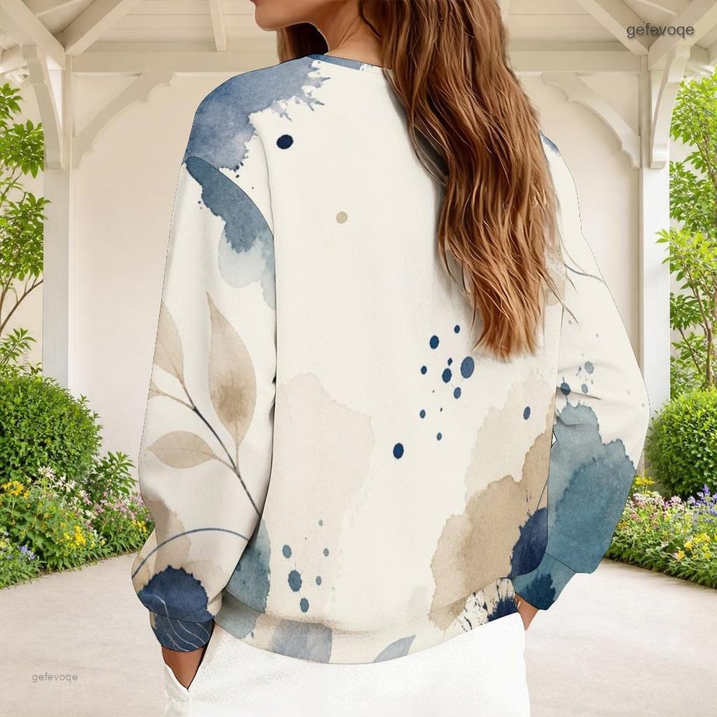 Women Plus Size V Neck Front Zip Blue Beige Watercolor Printed Long Sleeve Sweatshirt